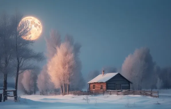 Winter, frost, forest, snow, trees, night, house, the moon