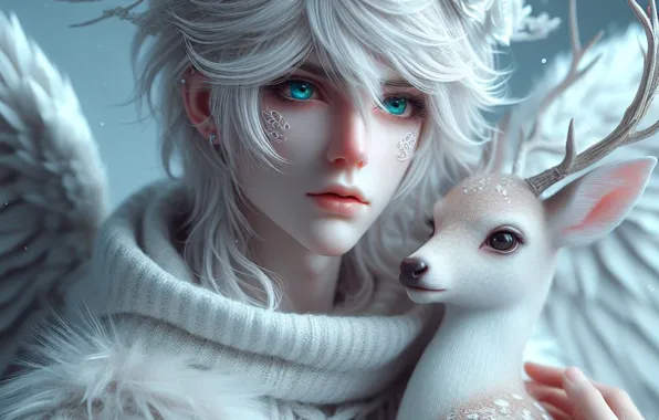Winter, snow, portrait, deer, the young man, AI art, neural network