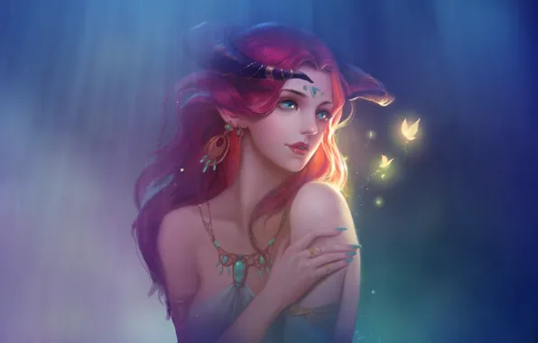Girl, Figure, Style, Face, Girl, Butterfly, Fantasy, Horns