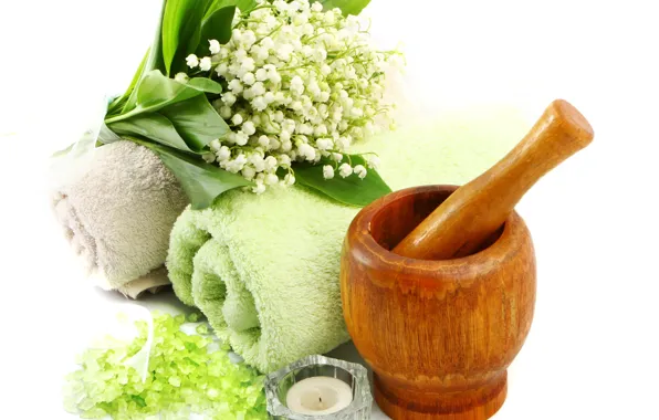 Picture candle, towel, Lilies of the valley, sea salt, mortar for grinding herbs