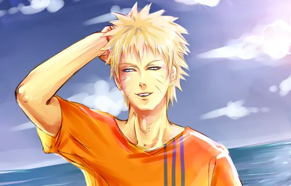 Picture the sky, water, smile, naruto, guy, Naruto, Uzumaki