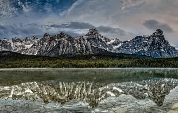 Forest, the sky, clouds, snow, reflection, mountains, tops, pond