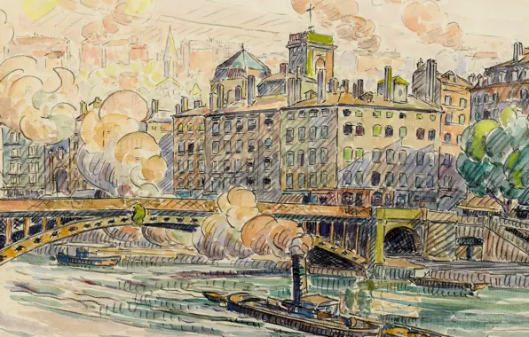 The city, figure, watercolor, Paul Signac, Bridge Feuille in Lyon