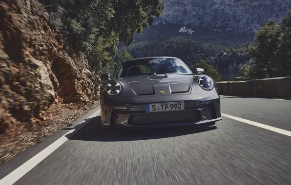 Picture trees, mountains, speed, track, Porsche, exterior, sports car, Porsche 911 GT3 Touring