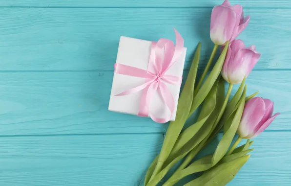 Picture gift, bouquet, tulips, Holiday, bow
