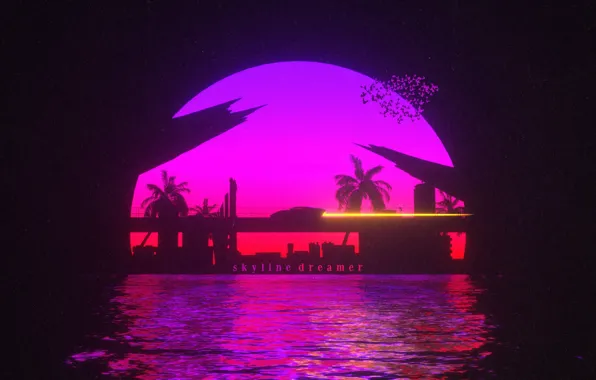 Wallpaper Sunset, The sun, Water, Auto, Bridge, Music, Machine, Style ...