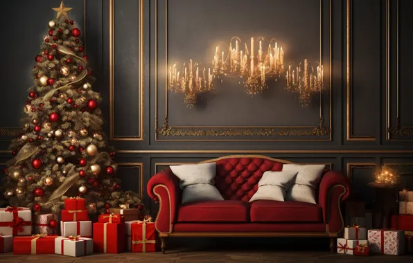 Decoration, sofa, balls, tree, New Year, Christmas, gifts, new year