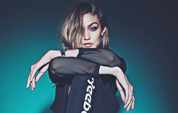 Look, pose, model, makeup, hairstyle, hair, Reebok, Gigi Hadid