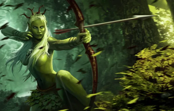 Forest, leaves, girl, the wind, figure, shot, bow, Archer