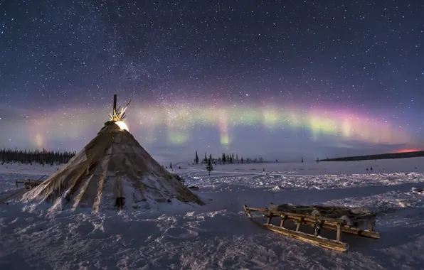 Winter, Northern lights, sleigh, North, tundra, wigwam, Yurt