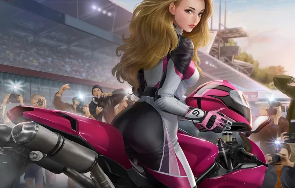 Girl, Look, People, Hair, Helmet, Bike, Motorcycle, Art