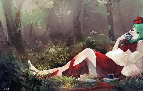 Picture forest, girl, trees, nature, books, anime, art, Cup