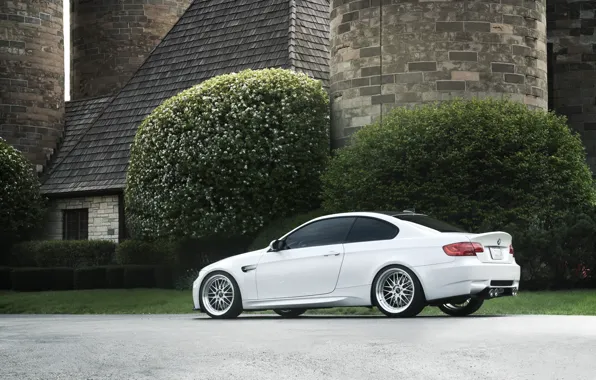 Picture white, trees, house, bmw, BMW, tower, white, wheels