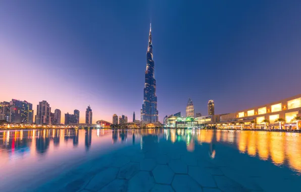 Water, reflection, building, Dubai, night city, Dubai, skyscraper, UAE