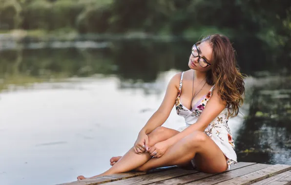 Chest, water, Girl, glasses, linen, legs, sitting, Dmitry Medved