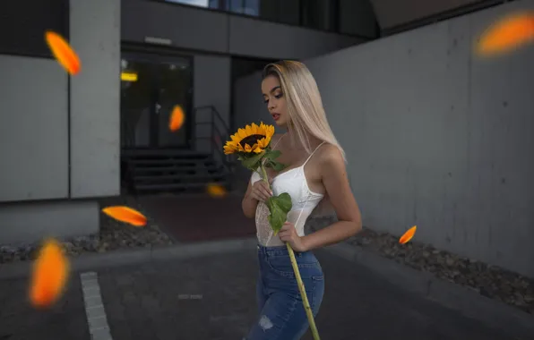 Look, girl, pose, hair, the building, sunflower, beautiful