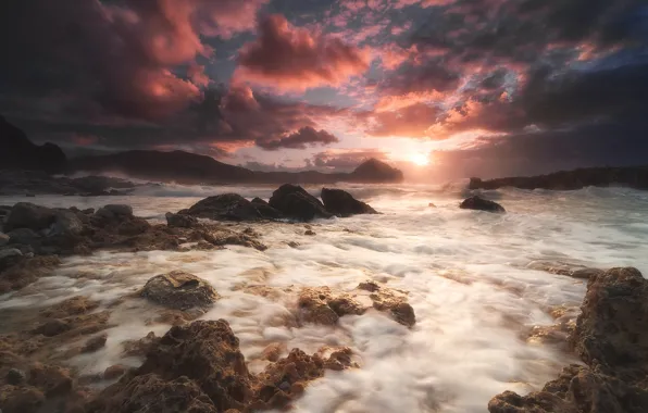 Picture sea, sunset, rocks, shore