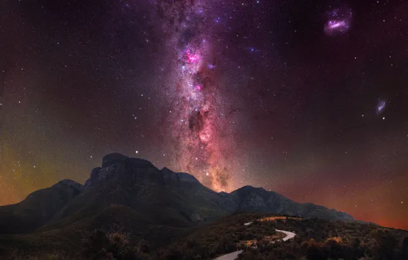 Road, the sky, stars, landscape, mountains, night, nature, rocks