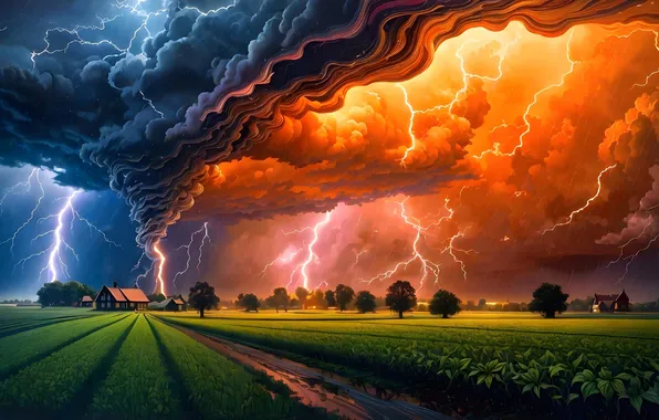 The storm, field, landscape, clouds, element, lightning, tornado