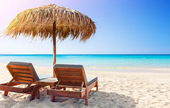 Sand, sea, beach, summer, the sky, palm trees, chaise, summer