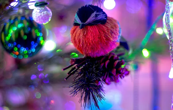 Balls, light, branches, lights, bird, blur, Christmas, New year