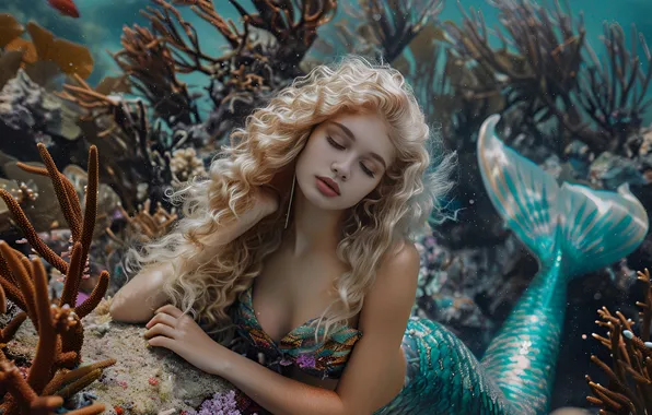 Picture Girl, Mermaid, Hair, Underwater world, Tail, Digital art, Coral, AI art