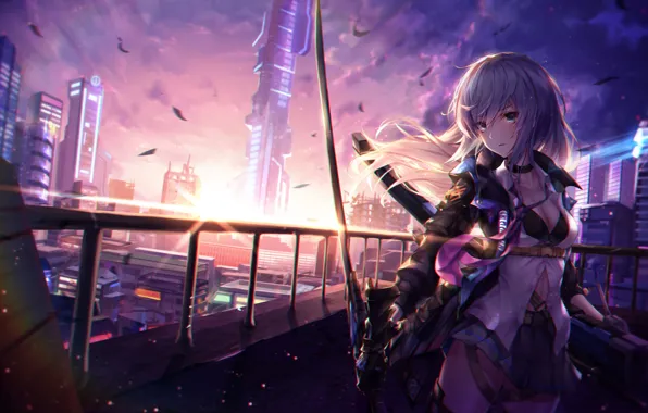 Girl, sunset, bridge, the city, anime