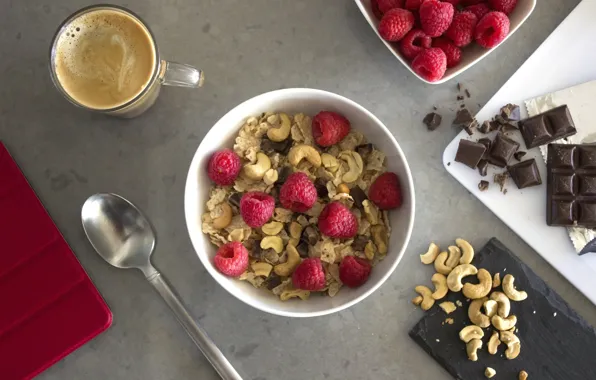 Picture raspberry, coffee, chocolate, Breakfast, nuts, cereal, cashews