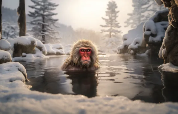 Winter, snow, bathing, monkey, pond, Japanese macaques, AI art, neural network