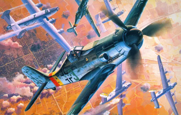 Picture Flight, Art, war, Airplane, ww2, Aviation, combat, Painting