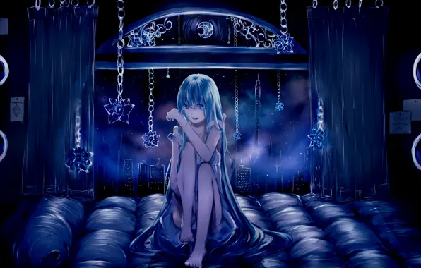 Night, the city, lights, anime, window, Vocaloid, Miku