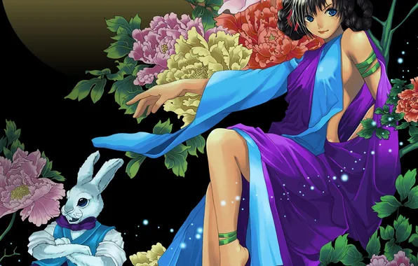 Girl, flowers, hare, rabbit, art, peonies