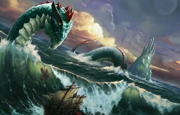 Picture sea, wave, storm, ship, monster, monster, sea snakes, Okan