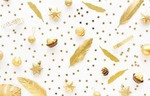 Picture white, balls, background, gold, holiday, new year, Christmas, candy