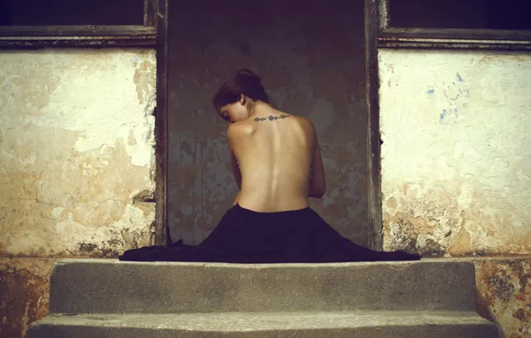 Girl, back, tattoo, porch, Assaf Lazar