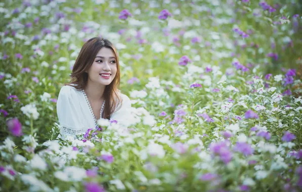 Field, summer, girl, flowers, nature, face, smile, Park