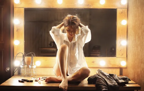 Girl, mirror, shirt, legs, sitting, light bulb