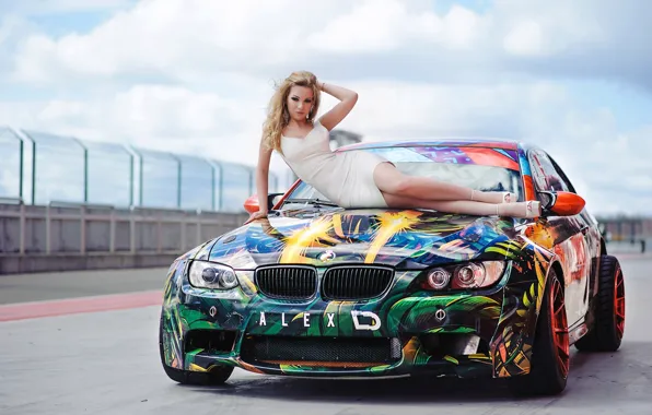Auto, look, girl, BMW, beautiful girl, posing on the hood