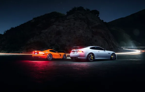 Road, car, night, rechange, dodge viper, webb bland photography, jaguar xkr