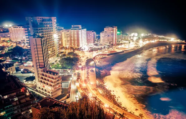 Sea, night, the city, lights, shore, Spain, Canary Islands, Puerto de la Cruz