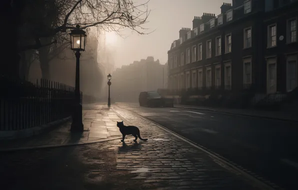 Cat, cat, night, the city, fog