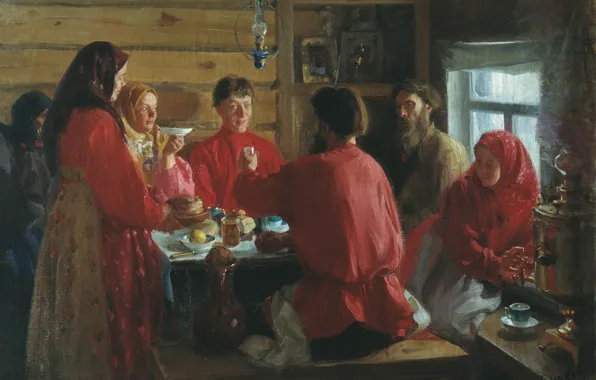 Picture oil, the tea party, Canvas, Ivan KULIKOV, In a peasant hut