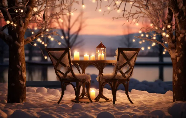 Winter, snow, comfort, table, candles, Christmas, lights, lantern
