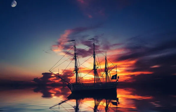 Picture the sky, clouds, sunset, night, rendering, ship, planet, sailboat