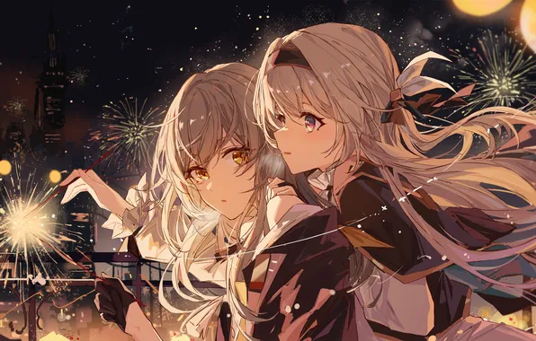 Night, the city, anime, two girls, character, Sam, Firefly, Firefly