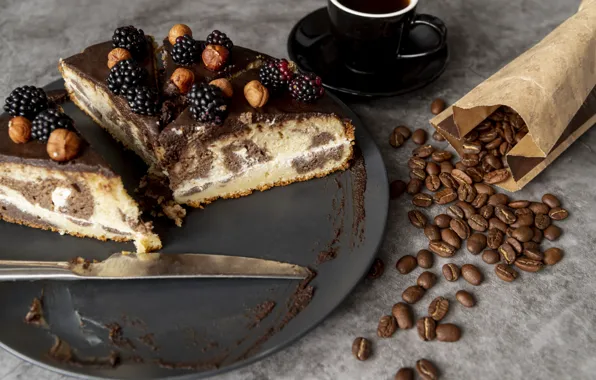 Picture coffee, chocolate, grain, plate, knife, cake, nuts, dessert