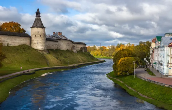 Road, autumn, the sky, clouds, trees, old, river, castle