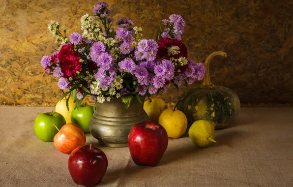 Flowers, apples, bouquet, pumpkin, fruit, still life, vegetables, pear