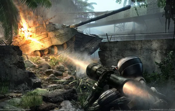 Picture the explosion, jungle, tank, nanosuit, crysis