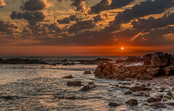 Beach, the sky, clouds, sunset, stone, horizon